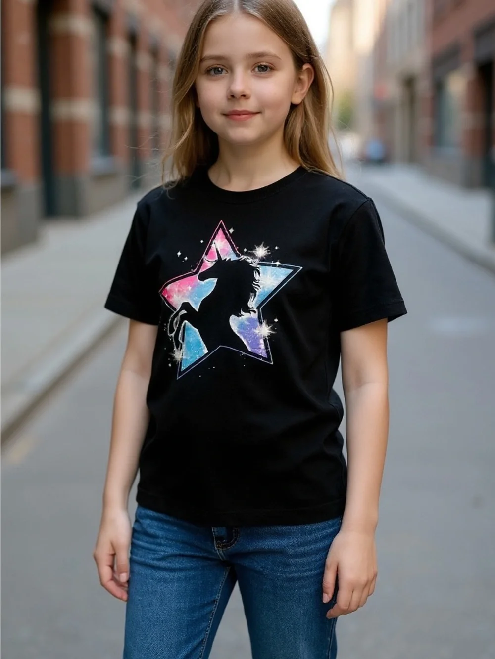 Place black 100% cotton unicorn galaxy star T-shirt S (5-6) graphic design